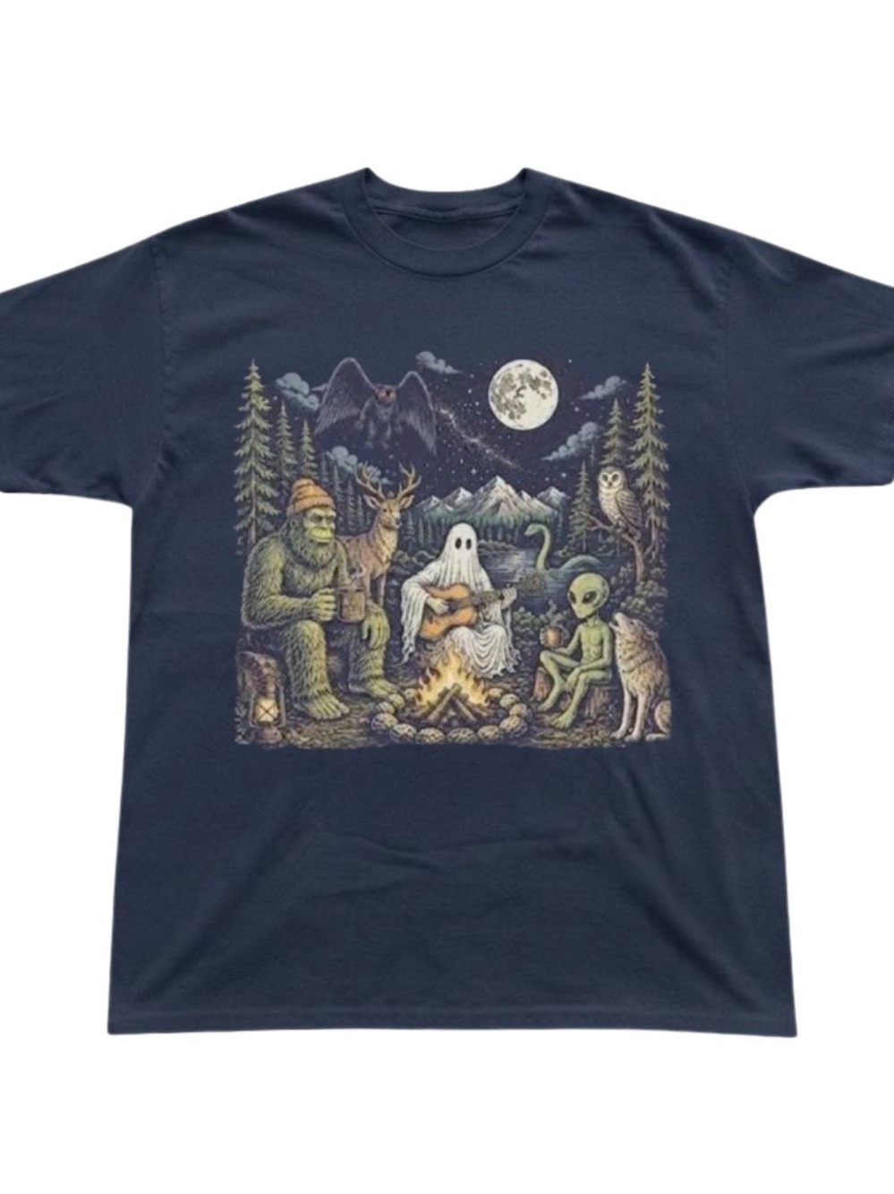 Cryptid Campfire Graphic Print Gildan Heavy Cotton T-Shirt Navy Blue